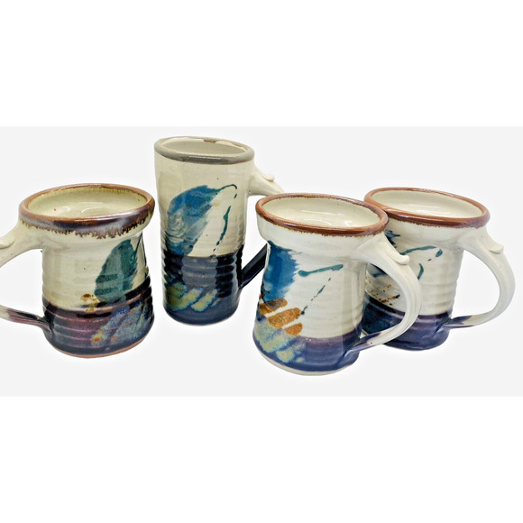 Hand Thrown Studio Art Pottery Handled Coffee Mugs and Tumbler SET Of 4 - Picture 1 of 13